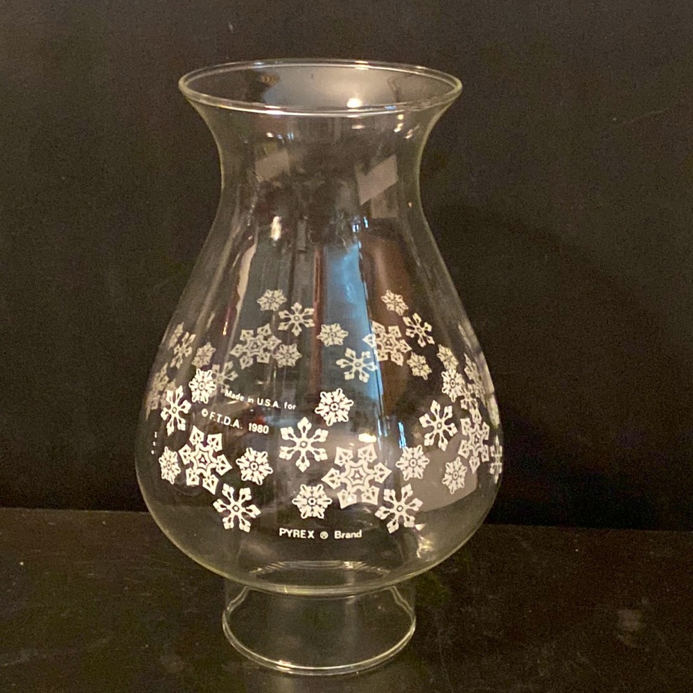 Both Pyrex FTDA 1980 Frosted Snowflakes Glass Hurricane Shade